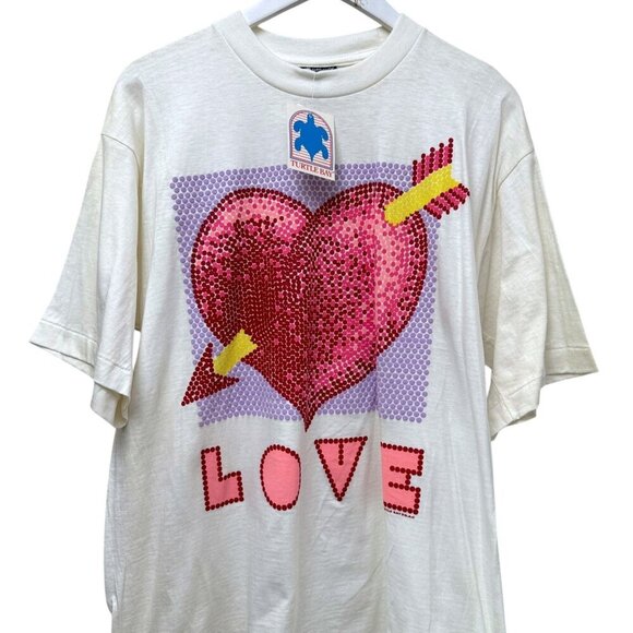Vintage 90s Turtle Bay Graphic Tee Large Love Heart Short Sleeve New Imperfect - Picture 1 of 13
